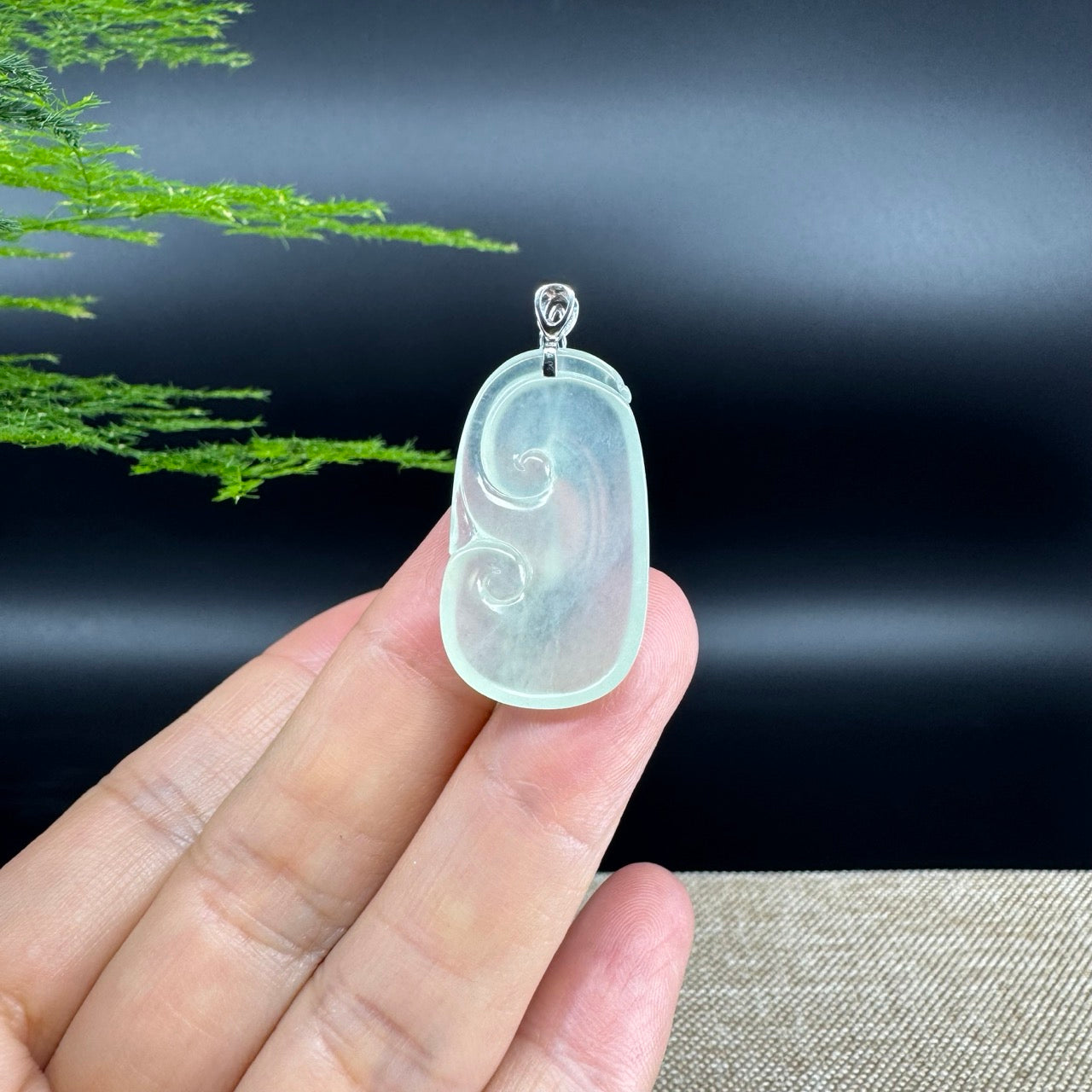 RealJade® Co. Genuine Icy Green Jadeite Jade Good Luck RuYi Necklace With 18K  White Gold Bail