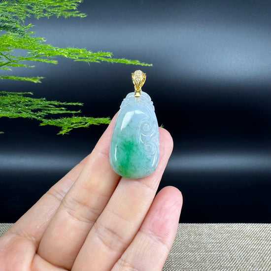 RealJade® Co. Genuine White Green Jadeite Jade Good Luck RuYi Necklace With 18K Yellow Gold Bail