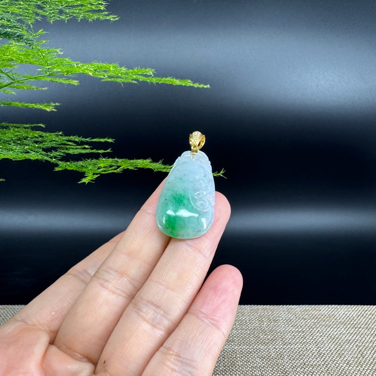 RealJade® Co. Genuine White Green Jadeite Jade Good Luck RuYi Necklace With 18K Yellow Gold Bail