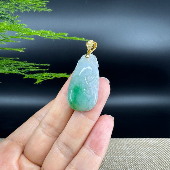 RealJade® Co. Genuine White Green Jadeite Jade Good Luck RuYi Necklace With 18K Yellow Gold Bail
