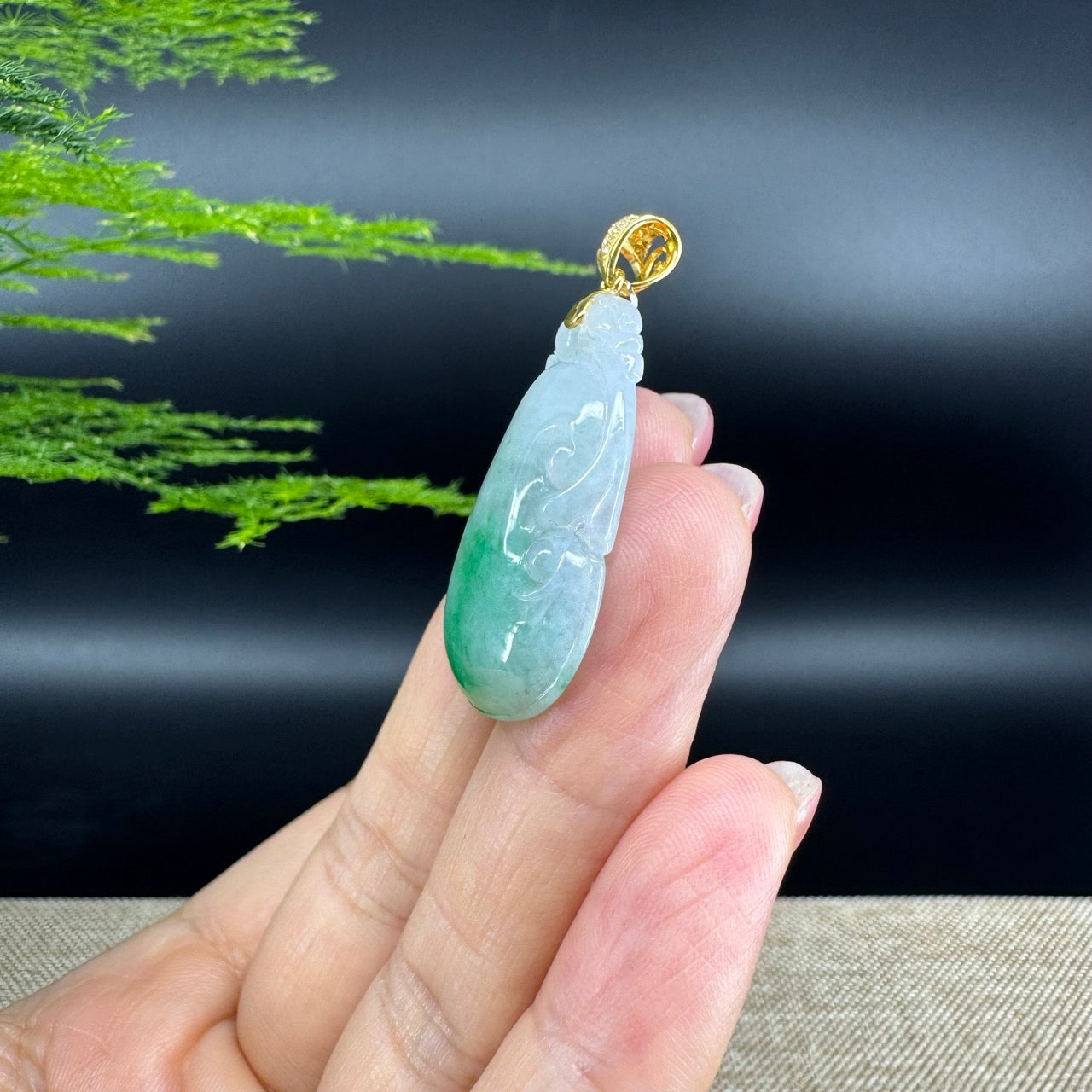 RealJade® Co. Genuine White Green Jadeite Jade Good Luck RuYi Necklace With 18K Yellow Gold Bail