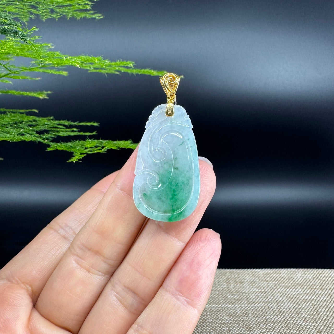 RealJade® Co. Genuine White Green Jadeite Jade Good Luck RuYi Necklace With 18K Yellow Gold Bail