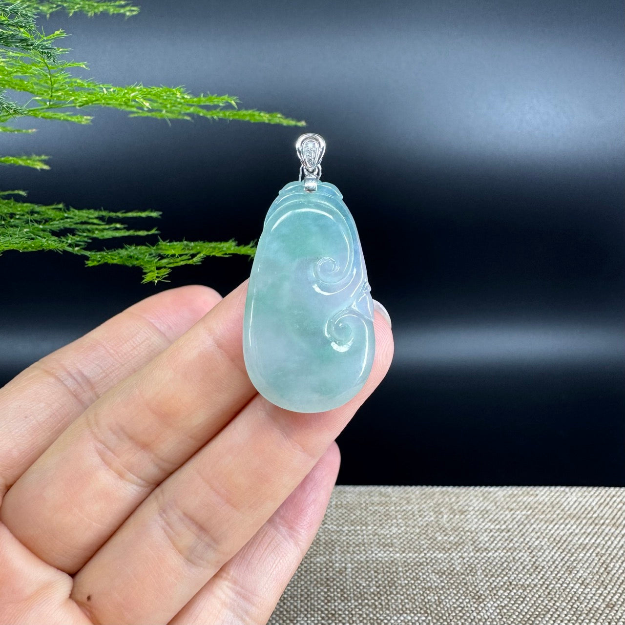 RealJade® Co. Genuine Icy Green Jadeite Jade Good Luck RuYi Necklace With 18K  White Gold Bail