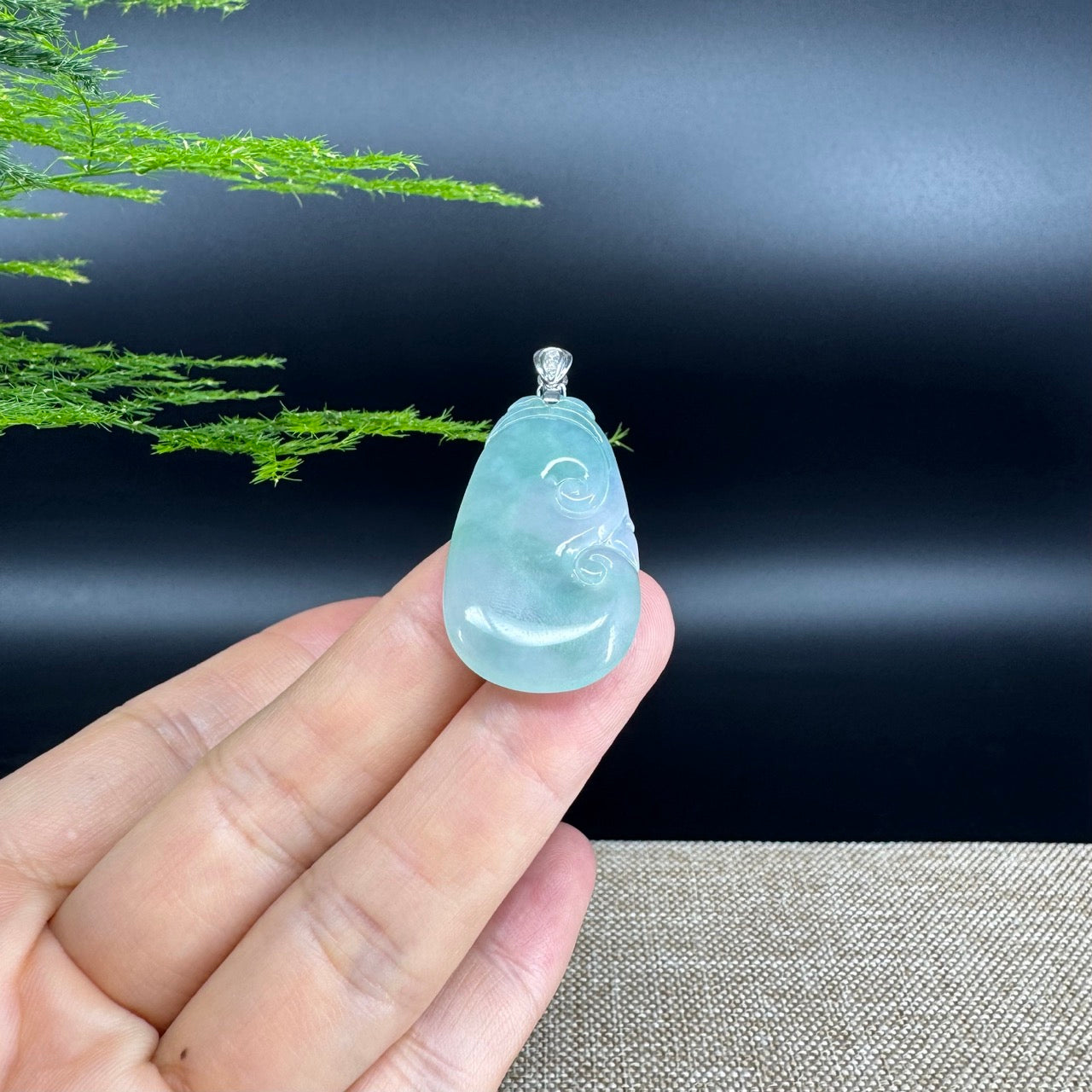 RealJade® Co. Genuine Icy Green Jadeite Jade Good Luck RuYi Necklace With 18K  White Gold Bail