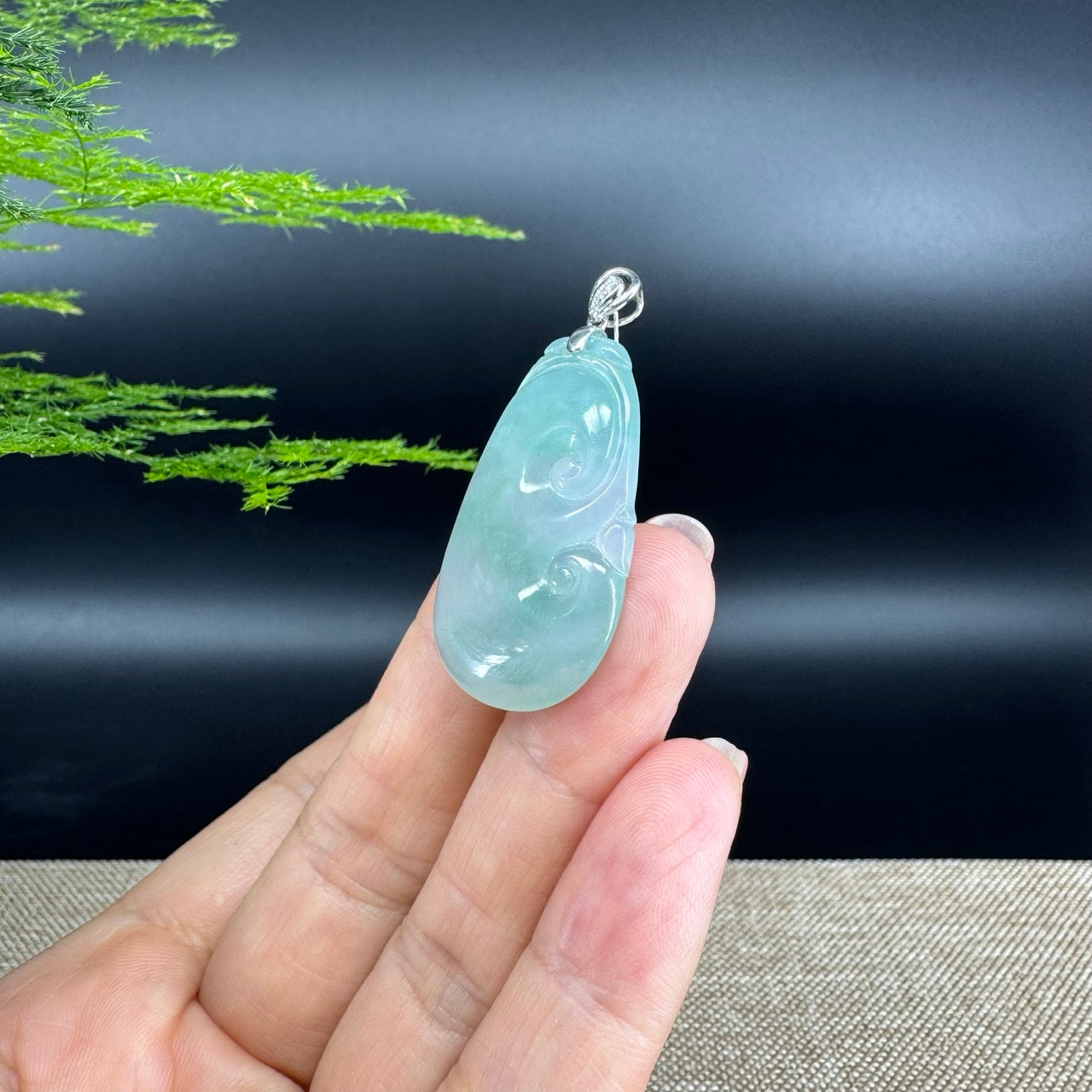 RealJade® Co. Genuine Icy Green Jadeite Jade Good Luck RuYi Necklace With 18K  White Gold Bail