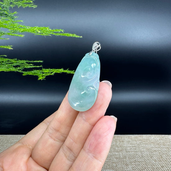 RealJade® Co. Genuine Icy Green Jadeite Jade Good Luck RuYi Necklace With 18K  White Gold Bail