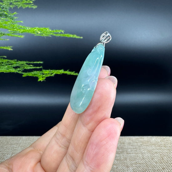 RealJade® Co. Genuine Icy Green Jadeite Jade Good Luck RuYi Necklace With 18K  White Gold Bail