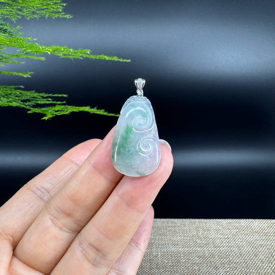 RealJade® Co. Genuine Icy Green Jadeite Jade Good Luck RuYi Necklace With 18K  White Gold Bail
