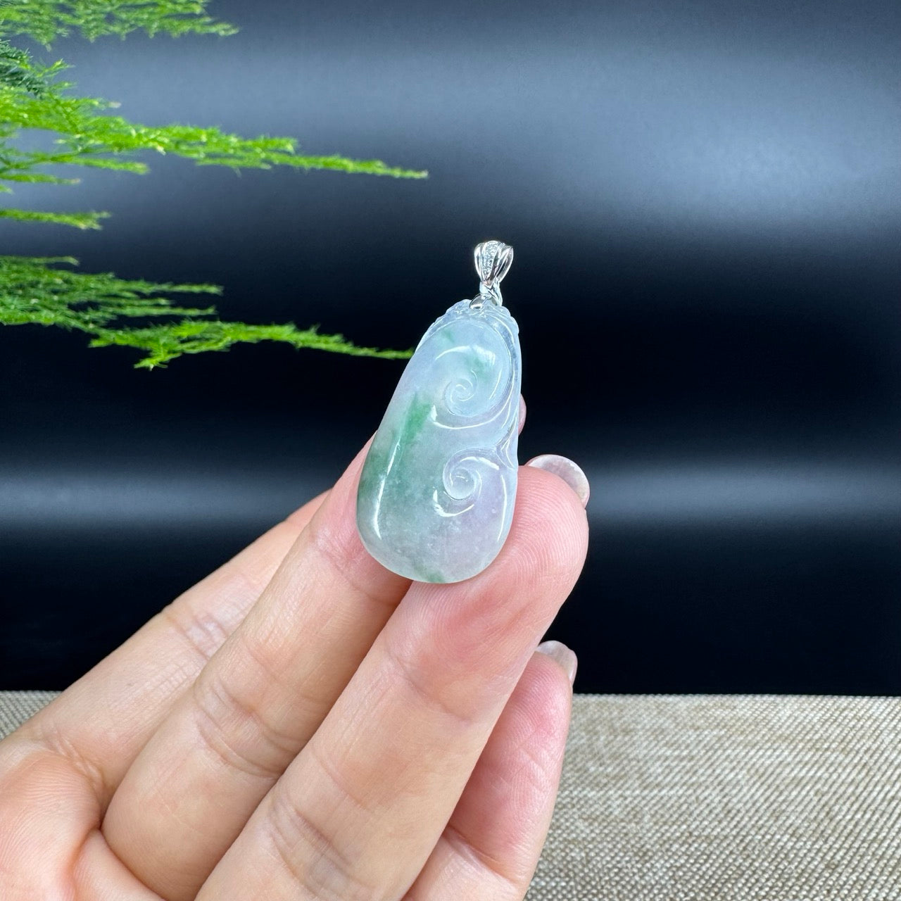 RealJade® Co. Genuine Icy Green Jadeite Jade Good Luck RuYi Necklace With 18K  White Gold Bail