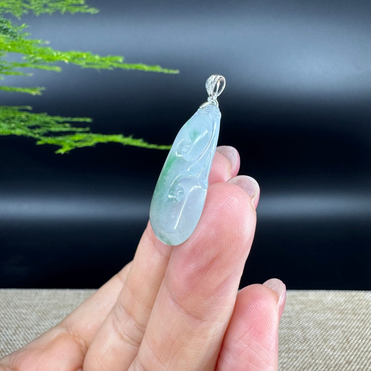 RealJade® Co. Genuine Icy Green Jadeite Jade Good Luck RuYi Necklace With 18K  White Gold Bail