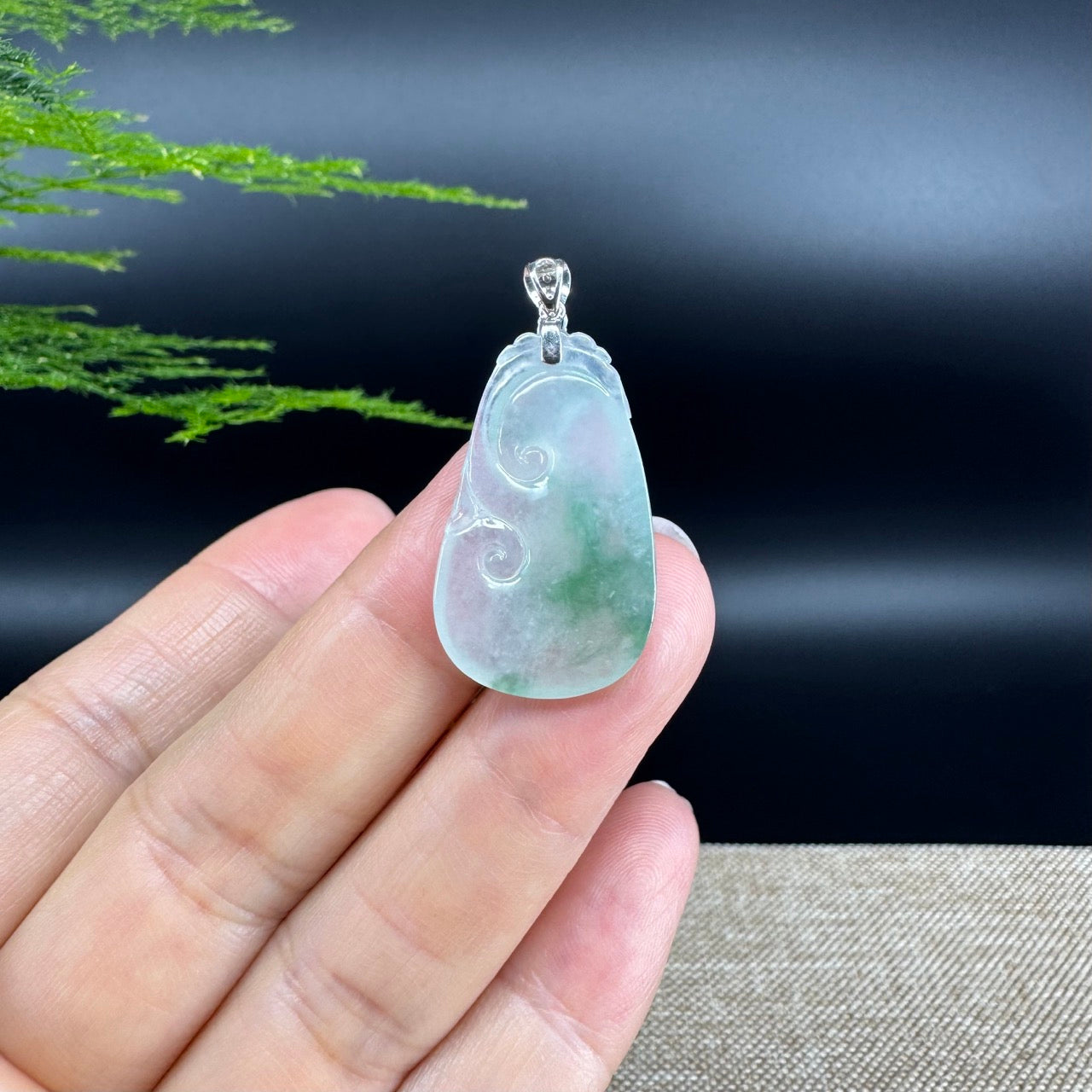 RealJade® Co. Genuine Icy Green Jadeite Jade Good Luck RuYi Necklace With 18K  White Gold Bail