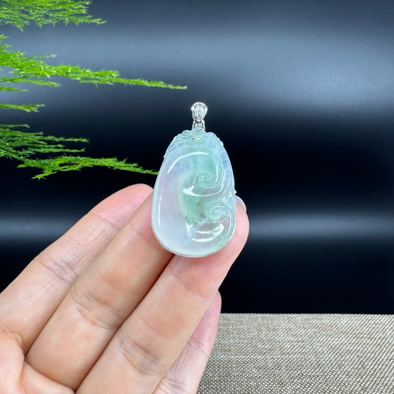 RealJade® Co. Genuine Icy Green Jadeite Jade Good Luck RuYi Necklace With 18K  White Gold Bail