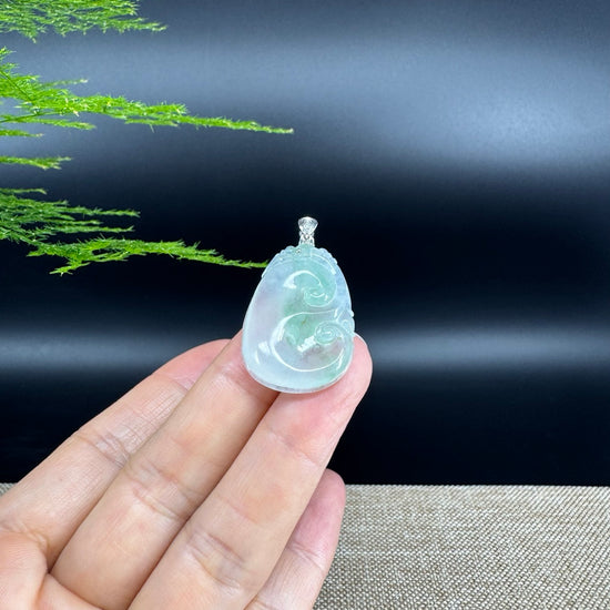 RealJade® Co. Genuine Icy Green Jadeite Jade Good Luck RuYi Necklace With 18K  White Gold Bail