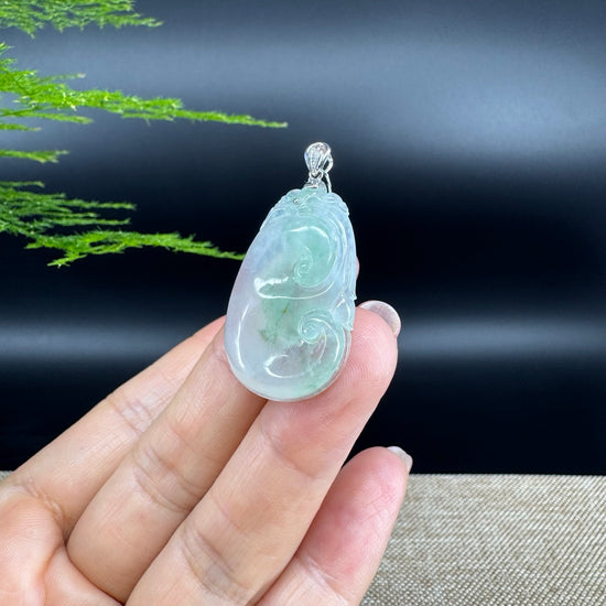RealJade® Co. Genuine Icy Green Jadeite Jade Good Luck RuYi Necklace With 18K  White Gold Bail