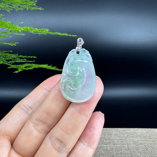 RealJade® Co. Genuine Icy Green Jadeite Jade Good Luck RuYi Necklace With 18K  White Gold Bail