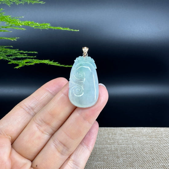 RealJade® Co. Genuine Icy Green Jadeite Jade Good Luck RuYi Necklace With 18K Yellow Gold Bail