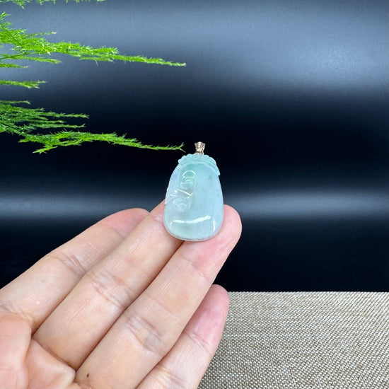 RealJade® Co. Genuine Icy Green Jadeite Jade Good Luck RuYi Necklace With 18K Yellow Gold Bail