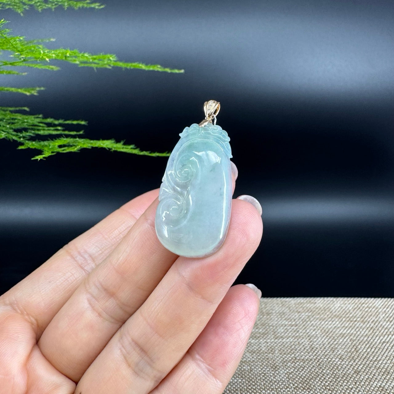 RealJade® Co. Genuine Icy Green Jadeite Jade Good Luck RuYi Necklace With 18K Yellow Gold Bail