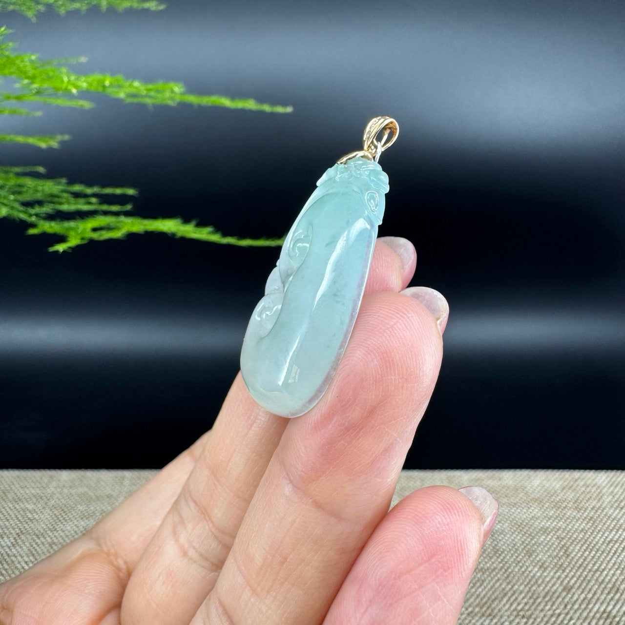 RealJade® Co. Genuine Icy Green Jadeite Jade Good Luck RuYi Necklace With 18K Yellow Gold Bail