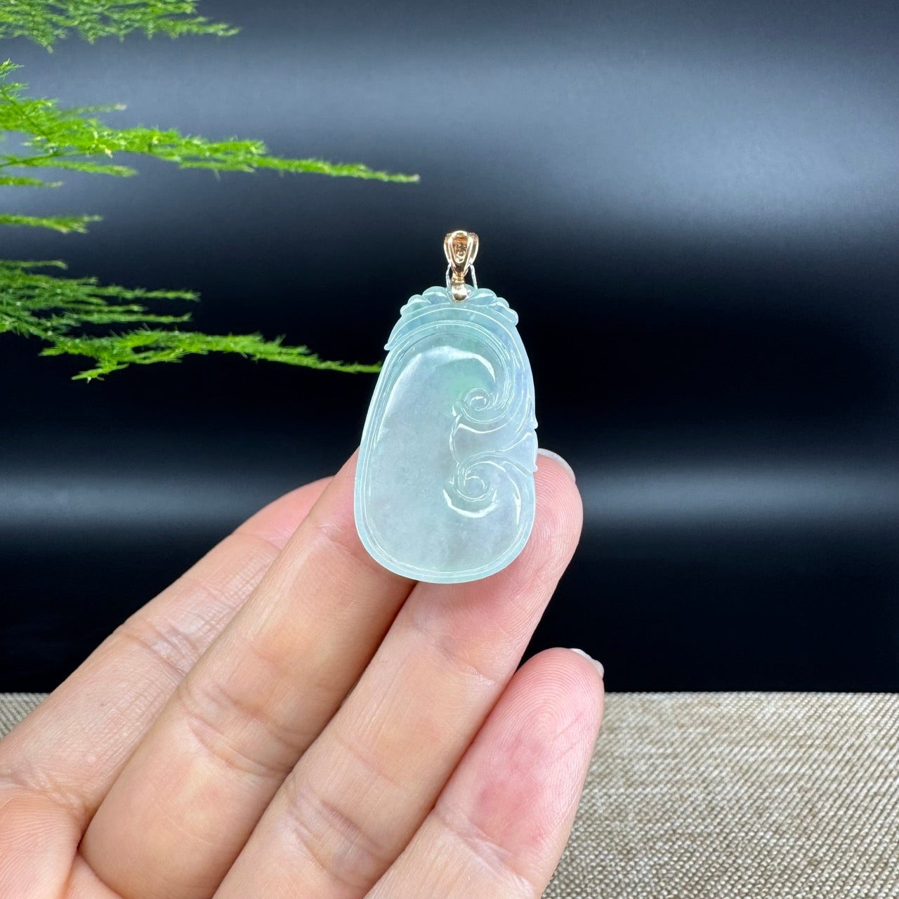 RealJade® Co. Genuine Icy Green Jadeite Jade Good Luck RuYi Necklace With 18K Yellow Gold Bail