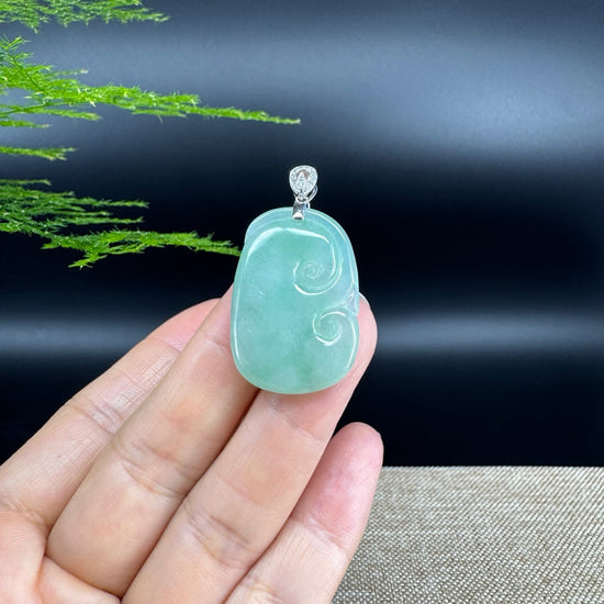 RealJade® Co. Genuine Icy Green Jadeite Jade Good Luck RuYi Necklace With 18K  White Gold Bail