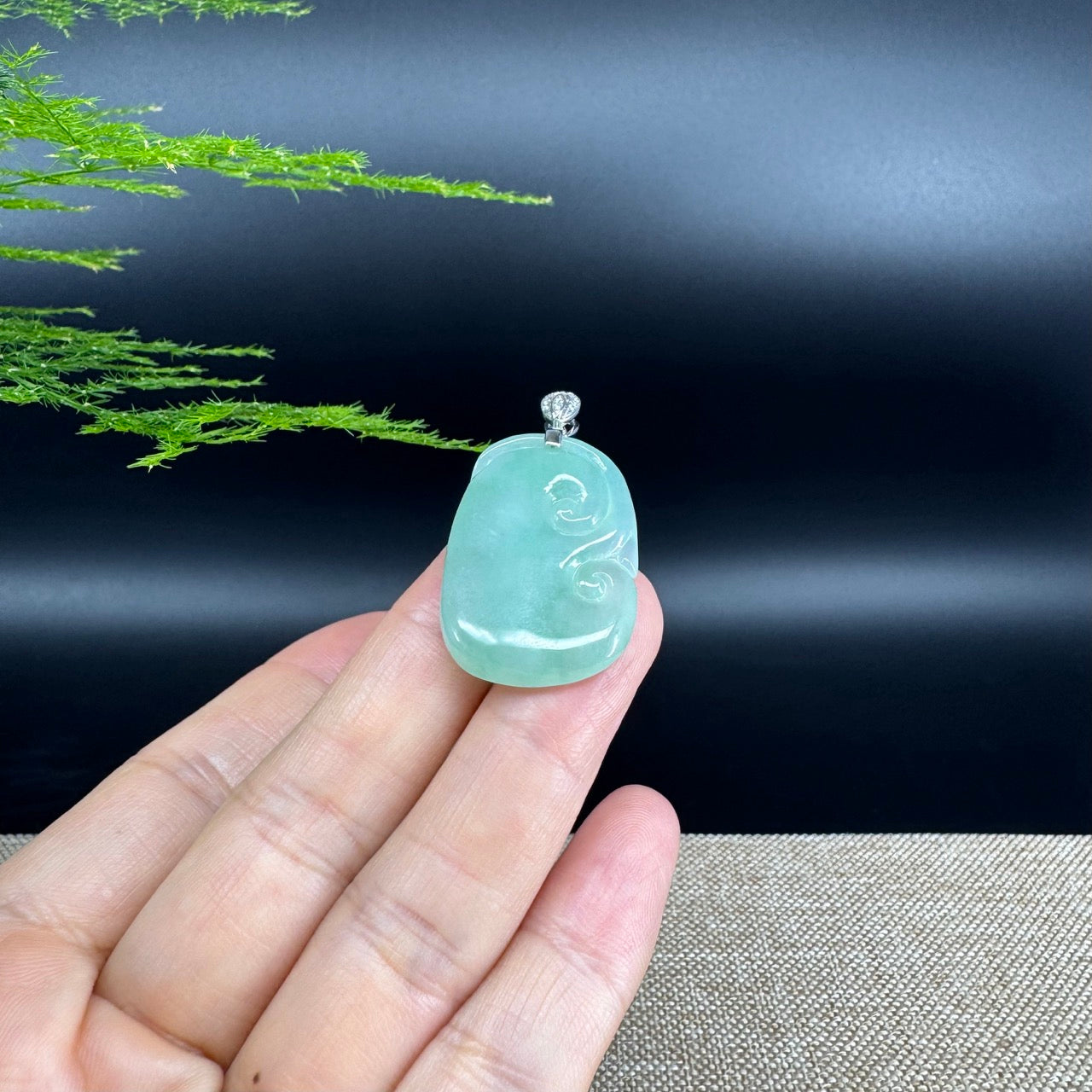 RealJade® Co. Genuine Icy Green Jadeite Jade Good Luck RuYi Necklace With 18K  White Gold Bail