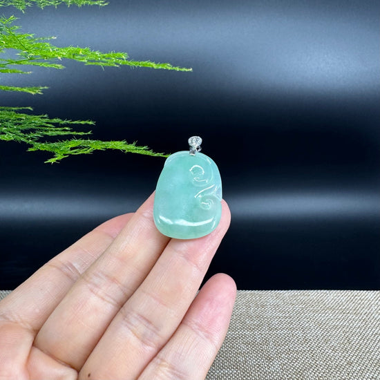 RealJade® Co. Genuine Icy Green Jadeite Jade Good Luck RuYi Necklace With 18K  White Gold Bail