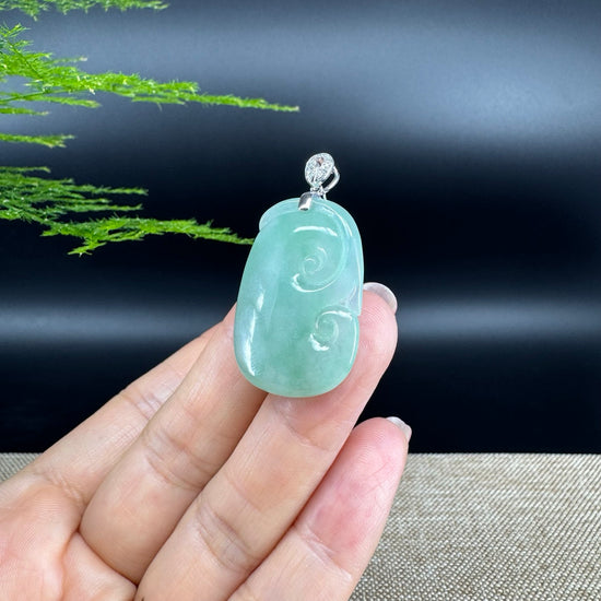 RealJade® Co. Genuine Icy Green Jadeite Jade Good Luck RuYi Necklace With 18K  White Gold Bail
