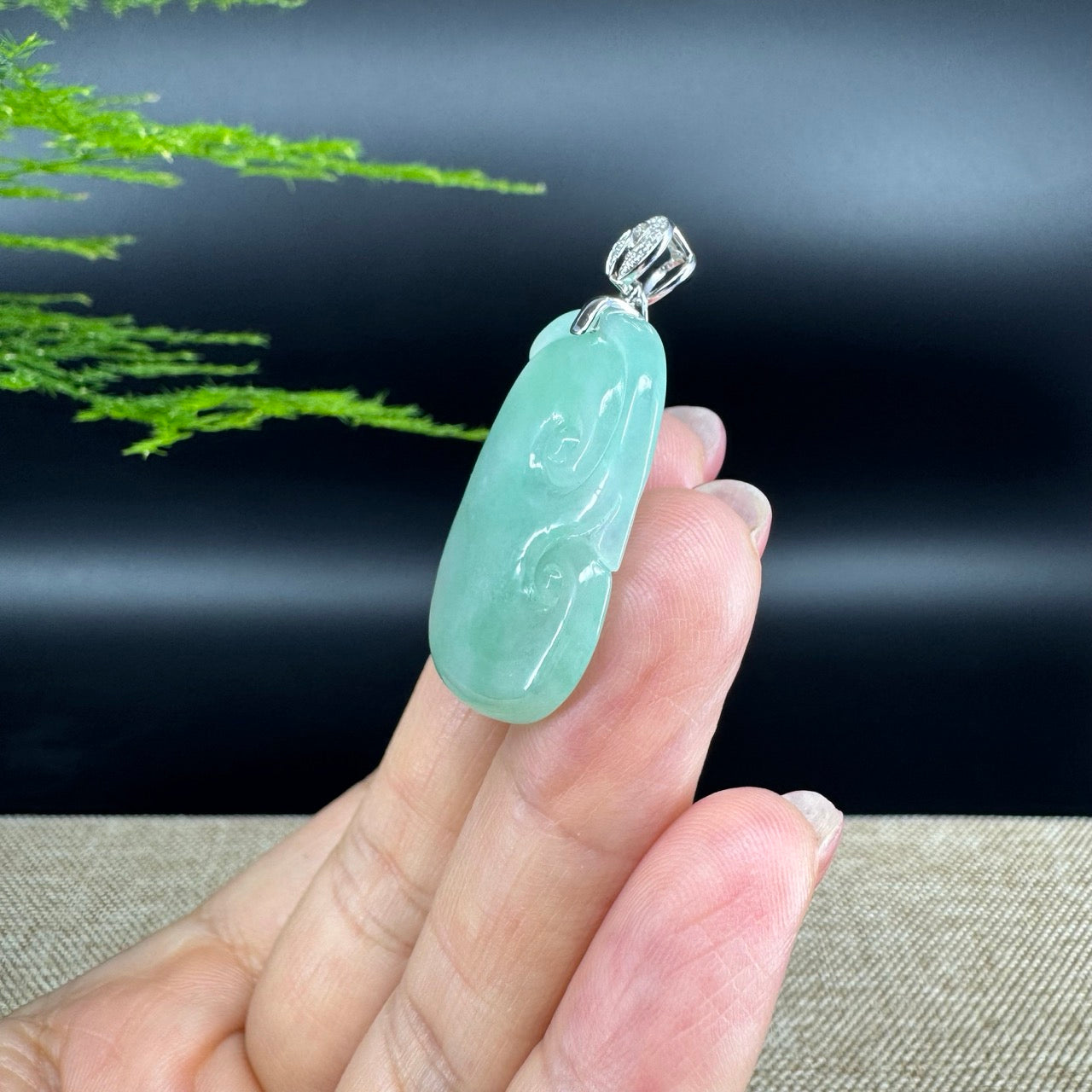 RealJade® Co. Genuine Icy Green Jadeite Jade Good Luck RuYi Necklace With 18K  White Gold Bail