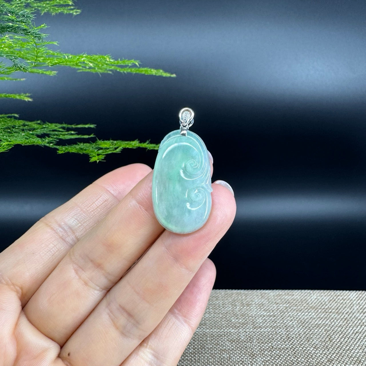 RealJade® Co. Genuine Icy Green Jadeite Jade Good Luck RuYi Necklace With 18K  White Gold Bail
