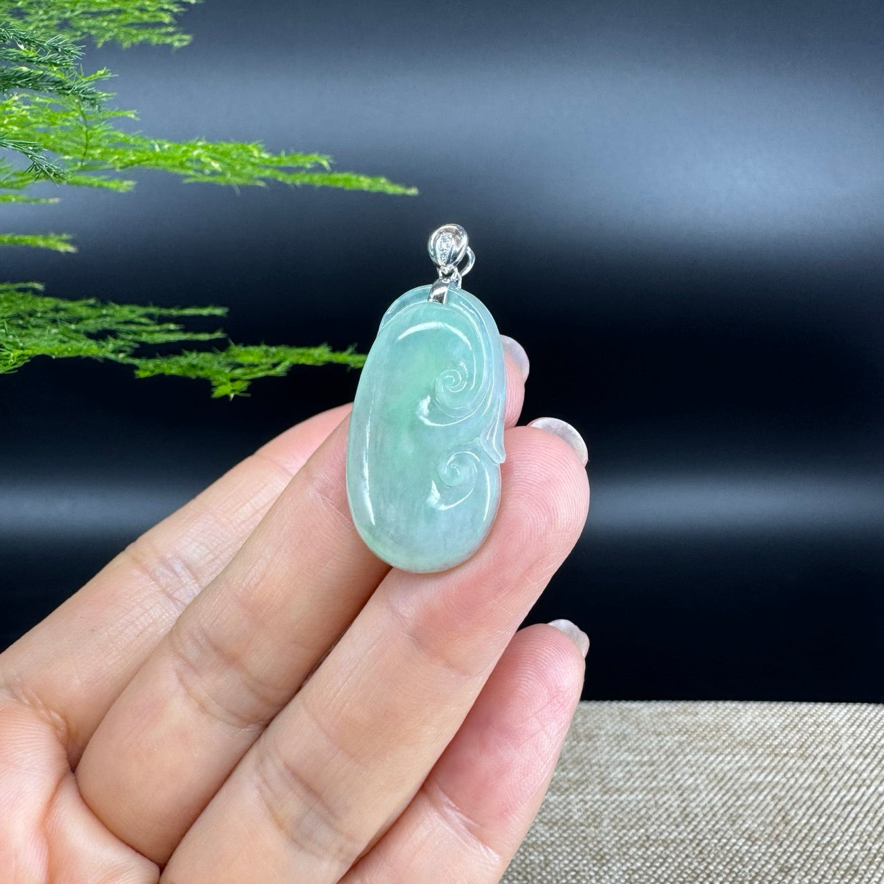 RealJade® Co. Genuine Icy Green Jadeite Jade Good Luck RuYi Necklace With 18K  White Gold Bail