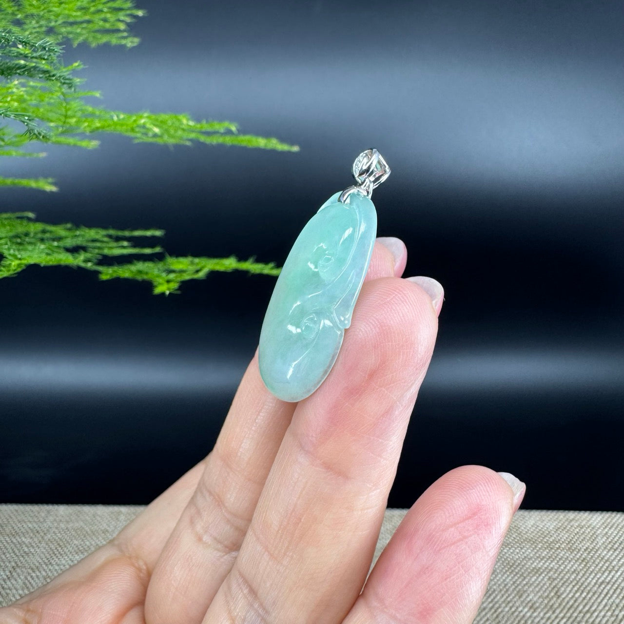 RealJade® Co. Genuine Icy Green Jadeite Jade Good Luck RuYi Necklace With 18K  White Gold Bail