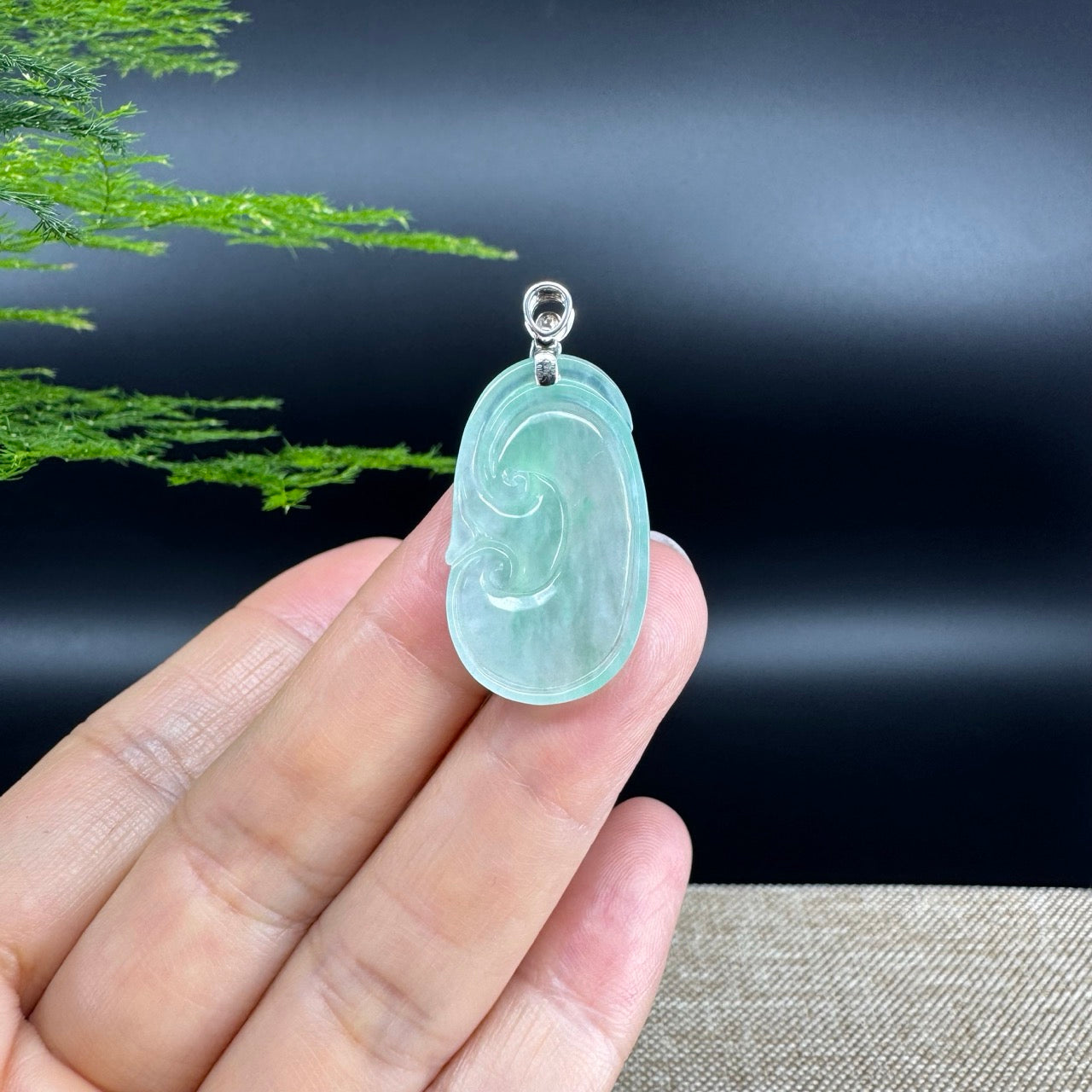 RealJade® Co. Genuine Icy Green Jadeite Jade Good Luck RuYi Necklace With 18K  White Gold Bail