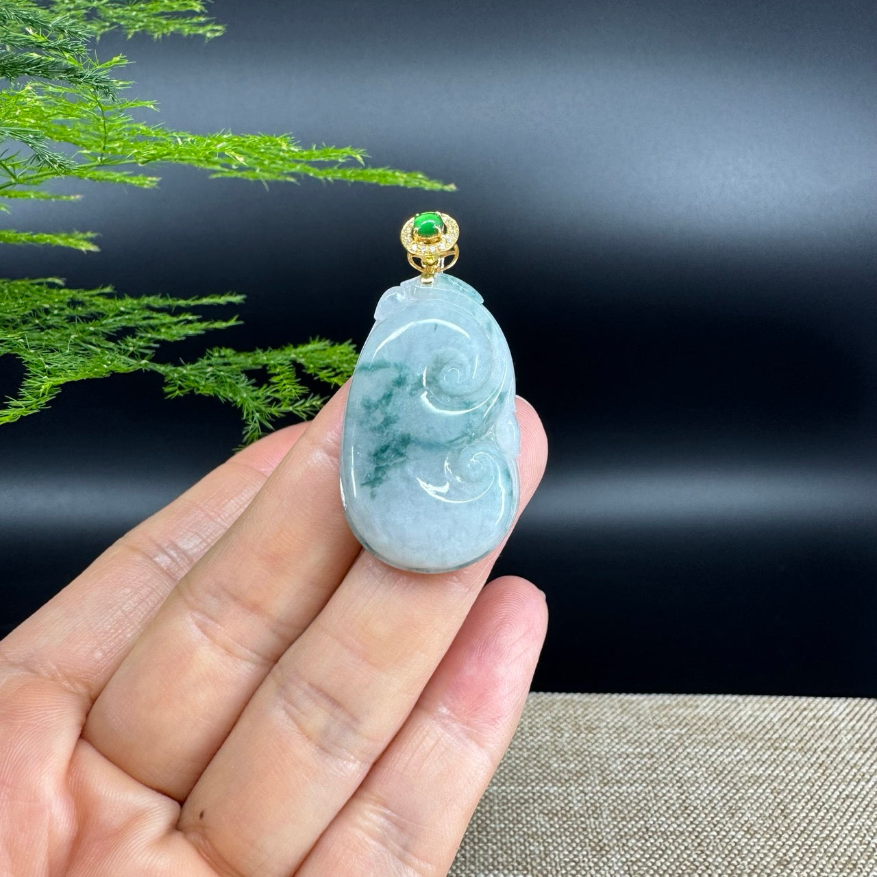 RealJade® Co. Genuine Blue Green Jadeite Jade Good Luck RuYi Necklace With 18K Yellow Gold Bail