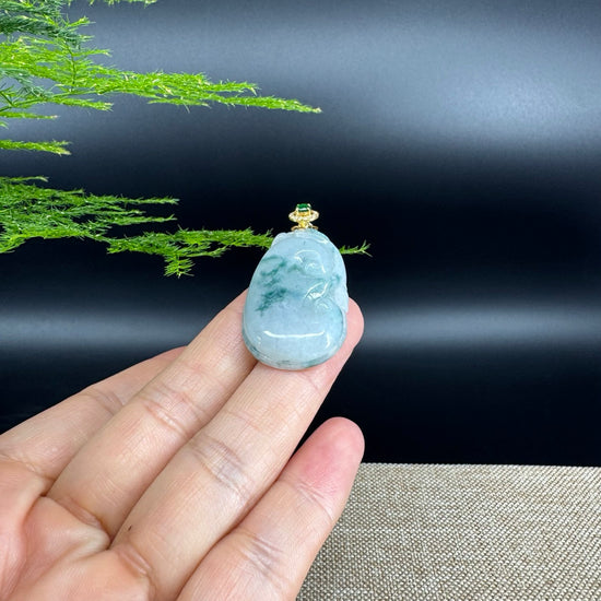 RealJade® Co. Genuine Blue Green Jadeite Jade Good Luck RuYi Necklace With 18K Yellow Gold Bail