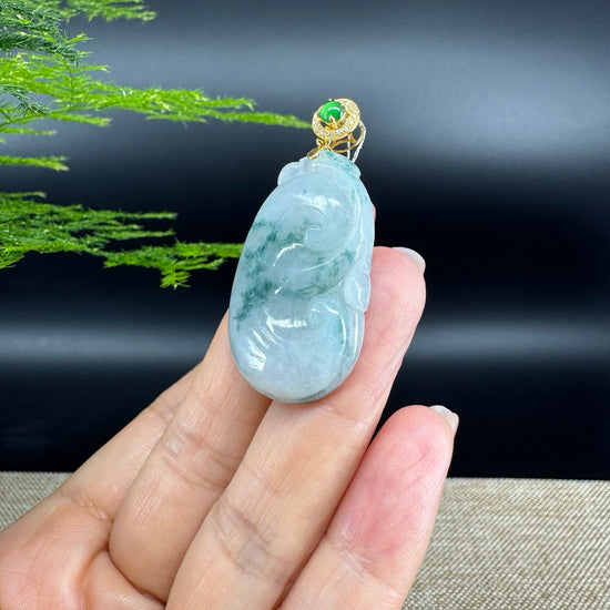 RealJade® Co. Genuine Blue Green Jadeite Jade Good Luck RuYi Necklace With 18K Yellow Gold Bail