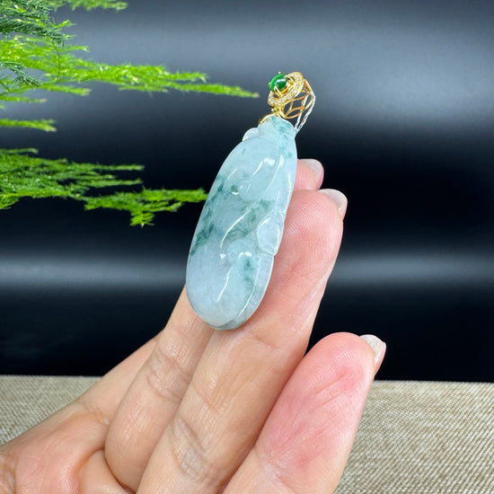 RealJade® Co. Genuine Blue Green Jadeite Jade Good Luck RuYi Necklace With 18K Yellow Gold Bail