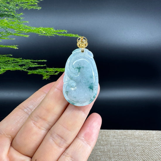 RealJade® Co. Genuine Blue Green Jadeite Jade Good Luck RuYi Necklace With 18K Yellow Gold Bail