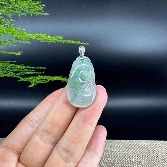 RealJade® Co. Genuine Icy Green Jadeite Jade Good Luck RuYi Necklace With 18K  White Gold Bail