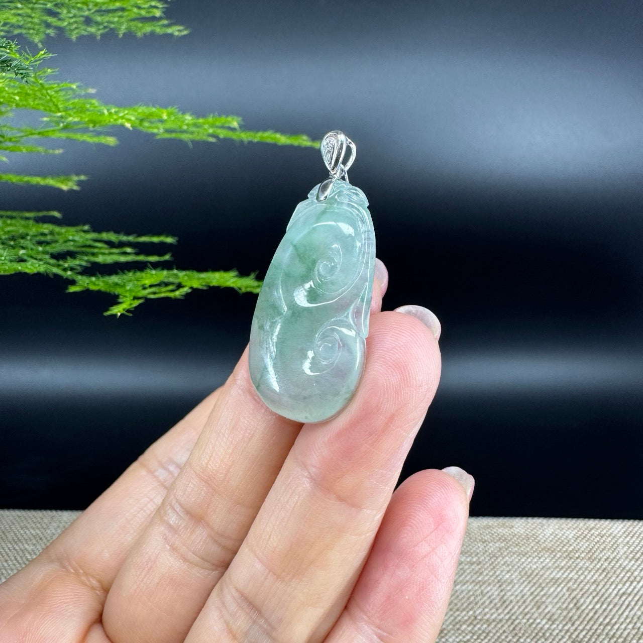 RealJade® Co. Genuine Icy Green Jadeite Jade Good Luck RuYi Necklace With 18K  White Gold Bail