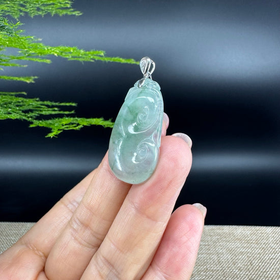 RealJade® Co. Genuine Icy Green Jadeite Jade Good Luck RuYi Necklace With 18K  White Gold Bail