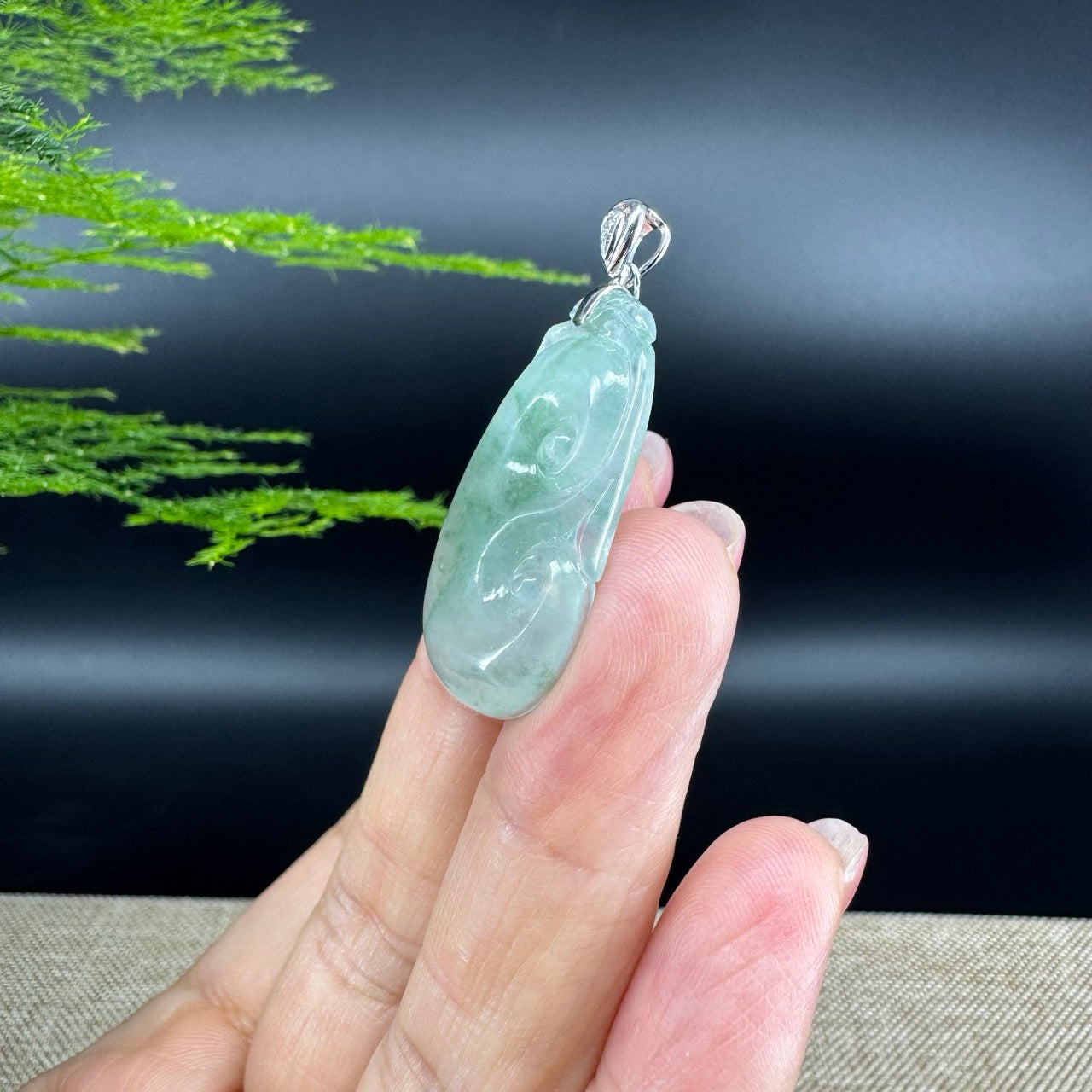 RealJade® Co. Genuine Icy Green Jadeite Jade Good Luck RuYi Necklace With 18K  White Gold Bail