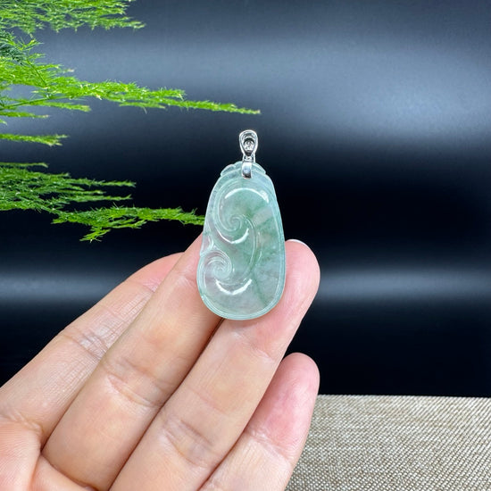 RealJade® Co. Genuine Icy Green Jadeite Jade Good Luck RuYi Necklace With 18K  White Gold Bail