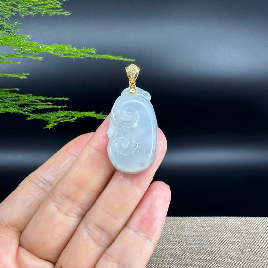 RealJade® Co. Genuine Icy green Jadeite Jade Good Luck RuYi Necklace With 18K Yellow Gold Bail