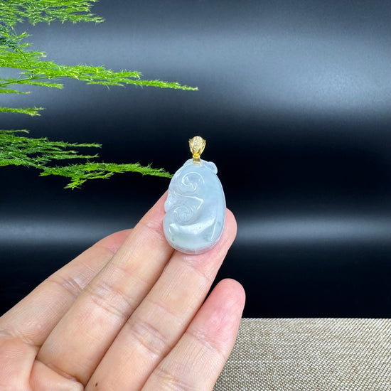 RealJade® Co. Genuine Icy green Jadeite Jade Good Luck RuYi Necklace With 18K Yellow Gold Bail