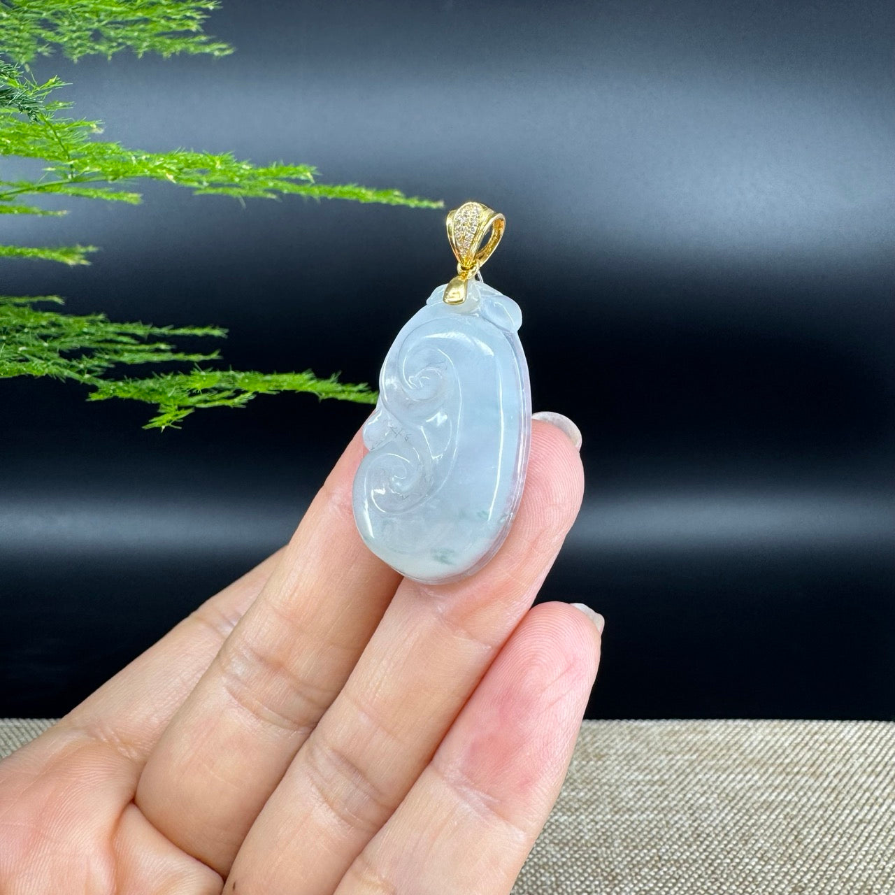RealJade® Co. Genuine Icy green Jadeite Jade Good Luck RuYi Necklace With 18K Yellow Gold Bail