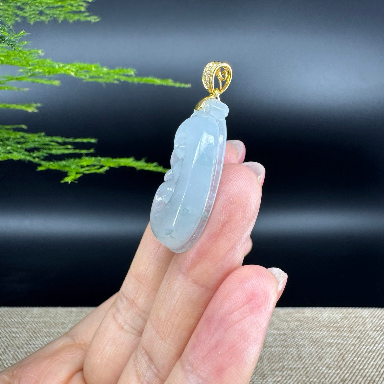 RealJade® Co. Genuine Icy green Jadeite Jade Good Luck RuYi Necklace With 18K Yellow Gold Bail