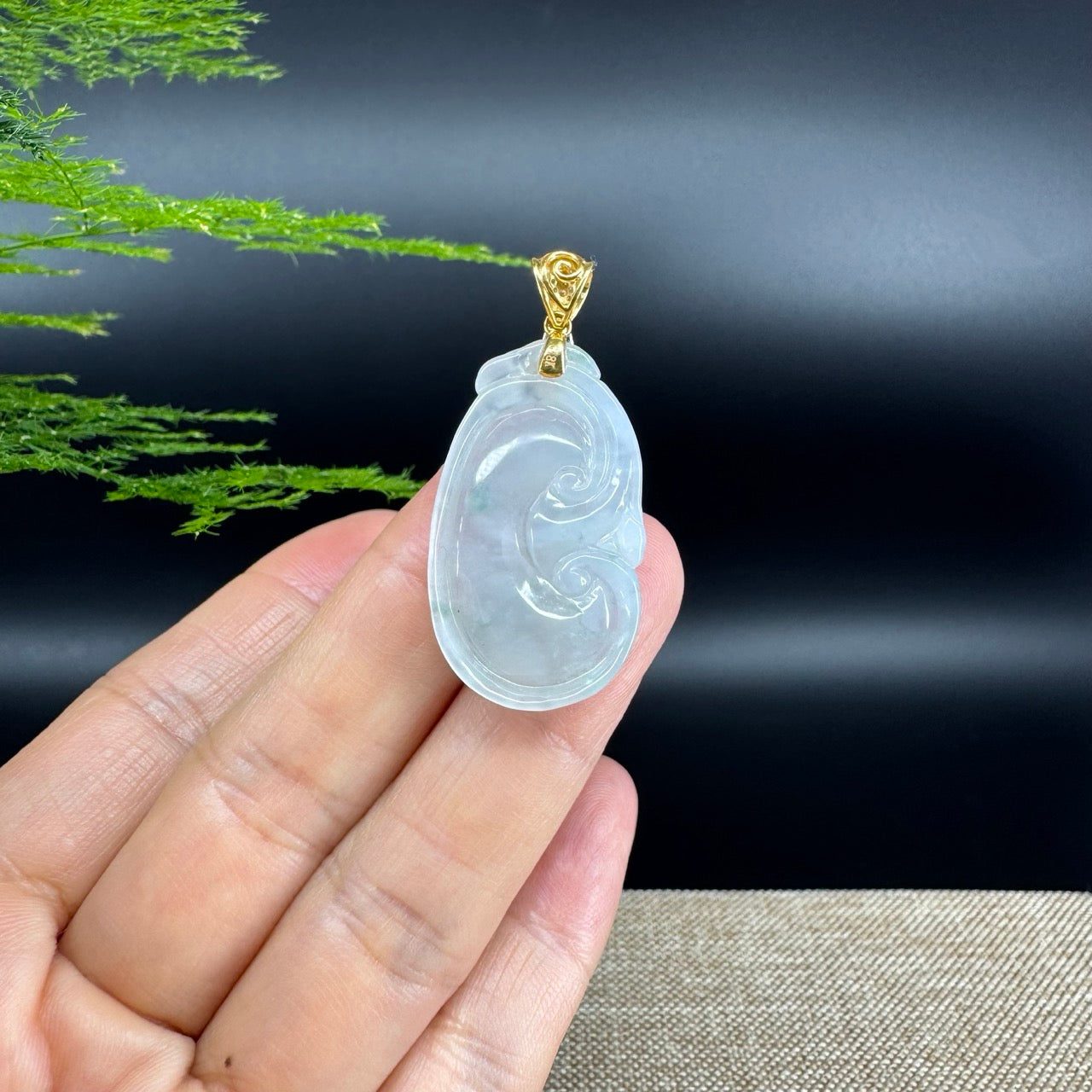 RealJade® Co. Genuine Icy green Jadeite Jade Good Luck RuYi Necklace With 18K Yellow Gold Bail