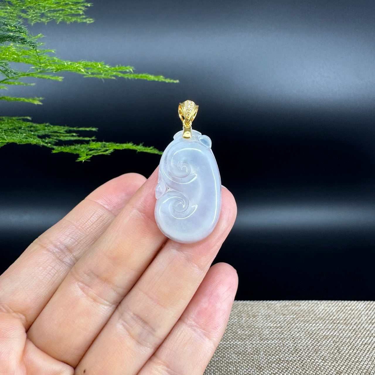RealJade® Co. Genuine Icy Jadeite Jade Good Luck RuYi Necklace With 18K Yellow Gold Bail