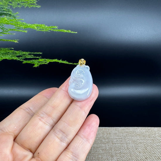 RealJade® Co. Genuine Icy Jadeite Jade Good Luck RuYi Necklace With 18K Yellow Gold Bail